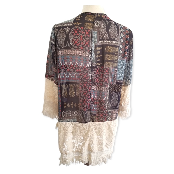 BoHo paisley, lace and fringed topper, semi-sheer, gypsy/hippie chick style sz L - Picture 4 of 9
